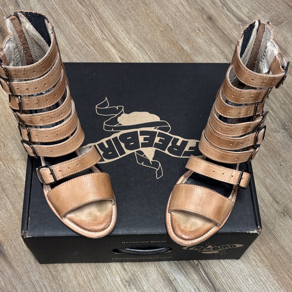 Freebird Tan Strappy Heeled Boots